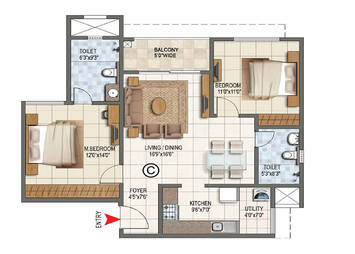 1 BHK Residence floor plan