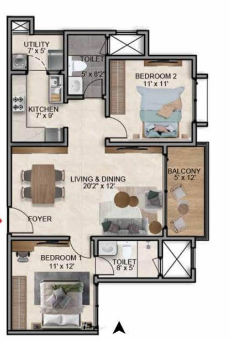 Prestige Southern Star 2 BHK floor plan