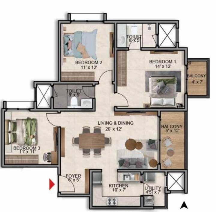 Prestige Southern Star 3 BHK floor plan