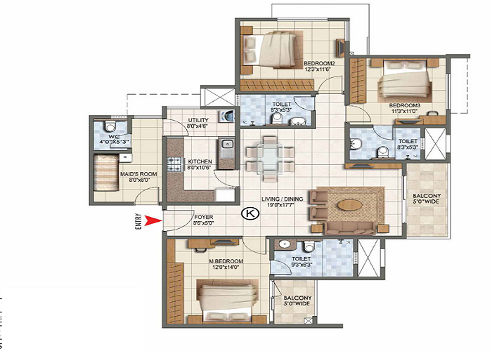 3 BHK Residence floor plan